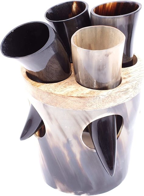 LANITI Viking Drinking Horn Shotglass Medieval Style Genuine Ox Horn Handcrafted Custom-Made Stand Horn Shots for Mead, Ale Viking Gift For Men (4 Set Horn Shots with Stand) Viking Drinking Horn, Drinking Horn, Vikings Gifts, Viking Culture, Drinking Horns, Shot Glass Set, Medieval Style, Drinking Set, Medieval Fashion