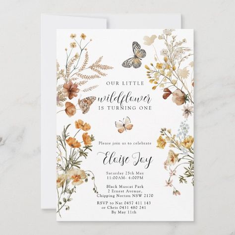 Create your own Invitation | Zazzle Wildflower First Birthday, Wildflower Birthday Party, Flower Birthday Party, Boho Wildflower, Wildflower Baby Shower, Wildflower Design, Baby In Bloom, 1st Birthday Themes, First Birthday Themes