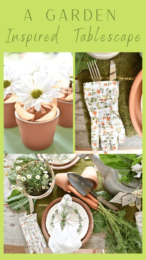 I want to show you how to create a garden inspired tablescape. Wait until you see what my inspiration piece was!! I hosted a birthday party for a friend recently and thought it would be fun to use a garden theme since it's springtime. I had so much fun creating this table and planning the party around a garden inspired theme. Gardening Theme Table Decorations, Garden Themed Centerpieces Diy, Garden Theme Luncheon, Tea Table Theme Ideas, Plant Party Food Ideas, Tea Party Table Themes, Garden Theme Table Setting, Diy Garden Party Ideas, Garden Party Theme Decorations