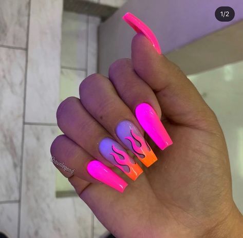 Neon Nails Length Nails, Flame Nail Art, Acrylic Ideas, Solid Color Nails, Baddie Nails, Modern Nails, Glow Nails, Nail Swag, Summer Acrylic Nails