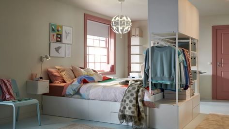 Storage for your student room - IKEA Ikea Storage Unit Bed, Bedroom Furniture Student Accommodation, Ikea Vitval Loft Bed, Ikea Stoage U Bed, Ikea Platsa Over Bed, Ikea Dorm, Student Hostel, Cosy Reading Corner, Small Dorm