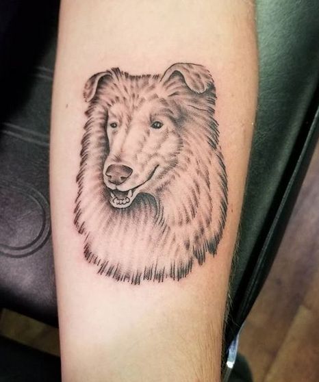 The 16 Coolest Collie Tattoo Designs Ever! | PetPress Collie Tattoo, Best Compass, Obsessive Love, Dog Tattoo Ideas, A Golden Retriever, Rough Collie, Portrait Design, Collie Dog, Dog Tattoo