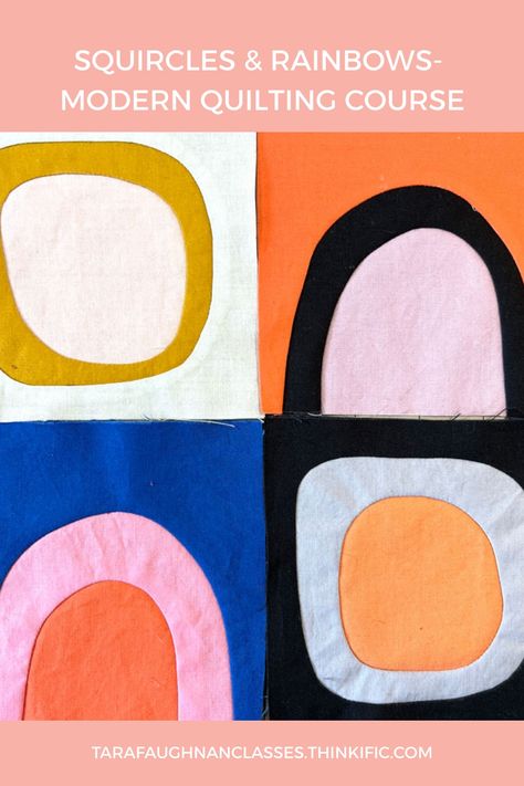 Perfect your quilting with the Squircles & Rainbows course! Learn curved piecing using the 6-Minute Circle technique, with sections on color and value placement. Suitable for all skill levels, click through to start creating stunning quilt blocks! Circle Of Squares Quilt Block, Quilting Curved Piecing, Art Quilts With Circles, Sewing Curved Quilt Pieces, Quilt Curved Piecing, Circle Quilt Patterns, Rainbow Blocks, Improv Quilting, Circle Quilts