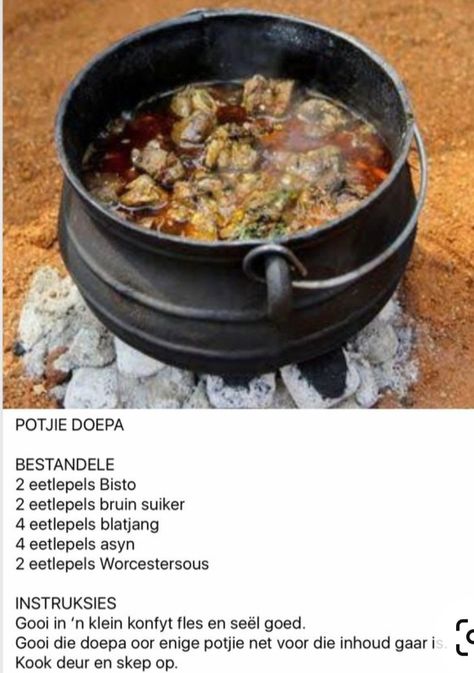 Lekker Kos Resepte, Bees Potjiekos, Potjiekos Recipes South Africa, Vleis Resepte, South Africa Food, Salad Recipes Healthy Easy, Homemade Sauce Recipes, African Cooking, Cookie Recipes Homemade