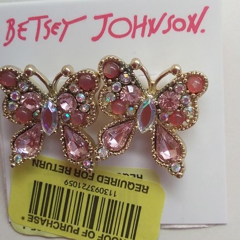 Hot Pink, Pink, And Clear Rhinestones Craft This Sweet 1" Butterfly. Silver Fixings. Studs. Retail - $38. Nwt Rhinestone Crafts, Betsey Johnson Earrings, Dope Jewelry, Funky Jewelry, Jewelry Lookbook, Betsey Johnson Jewelry, Pink Butterfly, Butterfly Earrings, Jewelry Inspo