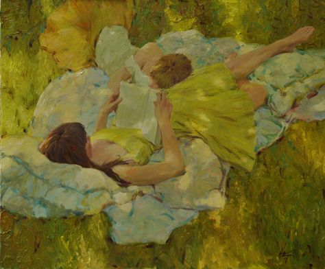 Summer Yellows,  By David P. Hettinger Always fun working with models. http://davidhettinger.com/ David Hettinger, Dream Paintings, Classical Realism, Art Romantic, Summer Yellow, Mia 3, Three Friends, Thomas Kinkade, Ap Art