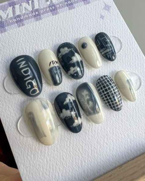 Namjoon Inspired Nails, Rm Indigo Nails, Suga Inspired Nails, Jimin Nail Art, Jungkook Inspired Nails, Yoongi Nails, Agust D Nails, Kpop Nails Inspired, Jungkook Nails