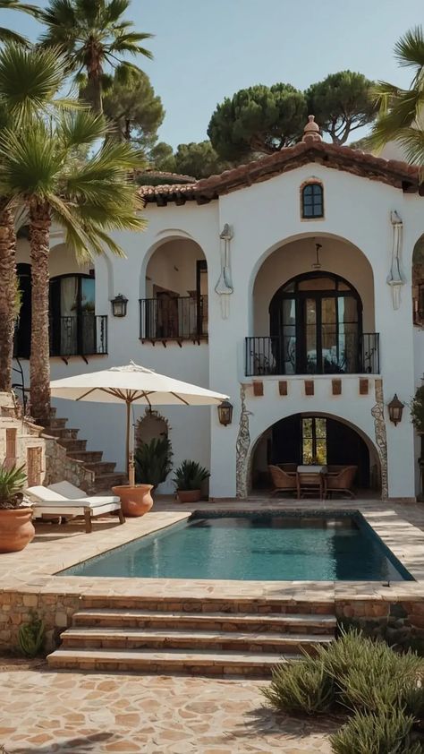 Embrace the Allure of Spanish Villa Living: 15 Design Inspirations to Transform Your House - TecArticles Spanish Colonial Style Kitchen, Spanish Villa Floor Plans, Modern Spanish Villa, Spanish Style Home Exterior, Mediterranean Floor Plans, Floor Plans Modern, Spanish Mediterranean Homes, Modern Exteriors, Kitchen Backyard