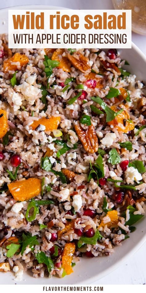 This Wild Rice Salad recipe is hearty, nutritious and tossed in an apple cider dressing! It's a great vegetarian main dish, side dish or meal prep lunch, and it's naturally gluten-free! #sidedish #easyrecipes #vegetarian Wild Rice Dressing Recipes, Wild Rice Apple Salad, Wild Rice Side Dish Recipes, Wild Rice Salad Recipe Cold, Thanksgiving Rice Recipes, Rice Salad Recipes Cold, Cold Vegetable Side Dishes, Wild Rice Recipes Side Dishes, Wild Rice Salad Recipe