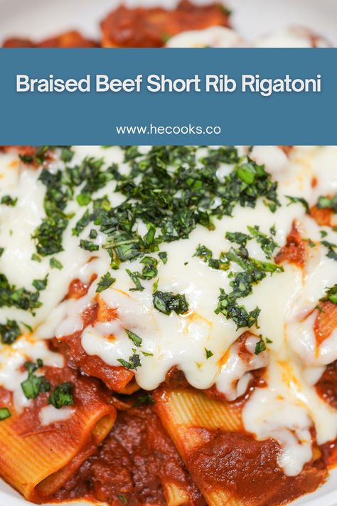 Braised Beef Short Rib Rigatoni is a comforting Italian dish featuring tender braised beef short ribs in a rich tomato sauce tossed with rigatoni pasta and garnished with mozzarella and fresh basil. Ribs Seasoning, Rigatoni Pasta, Beef Short Ribs, Braised Beef, Rigatoni, Shredded Mozzarella, Crushed Tomatoes, Short Ribs, Fresh Basil