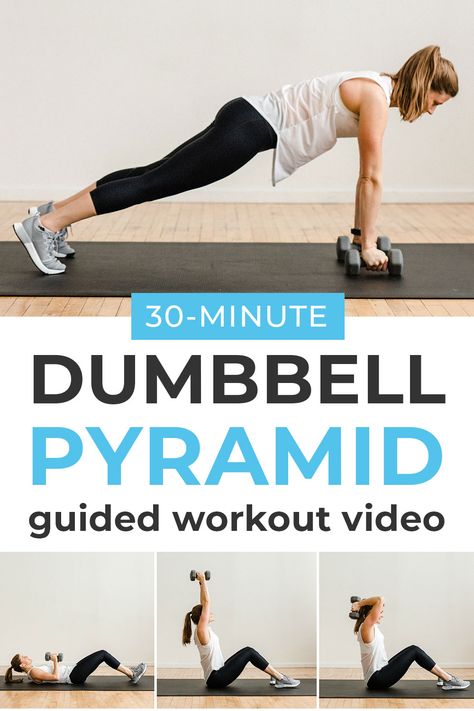 Challenge yourself with this FULL BODY, strength training + HIIT combo workout video! Personal Trainer Lindsey Bomgren will coach you through 30-minutes of dumbbell exercises designed to burn calories and tone major muscle groups like the legs, arms and core. Dumbell Workouts, Full Body Strength Training, Exercises For Strength, Bootcamp Ideas, Pyramid Workout, Full Body Dumbbell, Gym Plans, Circuit Workouts, Dumbbell Workouts