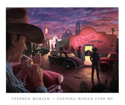 Evening Would Find Me, Stephen Morath.  Reminds me of somewhere in my childhood; I want to be there.  Love the palette and the sky, as in nearly all my favorites, is a beautiful prominent feature. I love the dusk, it seems to hold so much promise.   Very relaxing... may be my favorite. Stephen Morath, Southwestern Art, Desert Art, Desert Painting, Southwest Art, Art Appreciation, Western Art, Old West, Best Buy