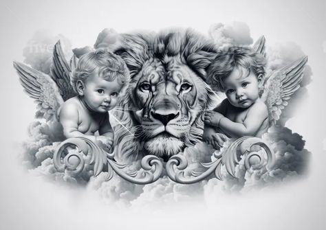 I will create unique realistic tattoo design Angel Tattoo Realistic, Tattoo Angels, Religious Tattoo Sleeves, Cherub Tattoo Designs, Chest Tattoo Design, Lion Chest Tattoo, Realistic Tattoo Design, Baby Angel Tattoo, Angel Sketch