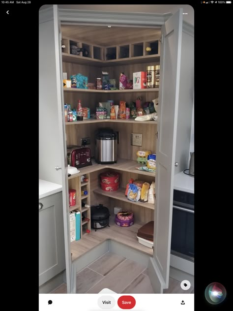 Corner Cupboard Pantry, Step In Corner Pantry, Corner Pantry Unit, Corner Grocery Cupboard Ideas, Howdens Corner Larder Unit, Corner Pantry Next To Fridge, Corner Cupboard Ideas, Small Corner Pantry Ideas, Corner Larder Cupboard