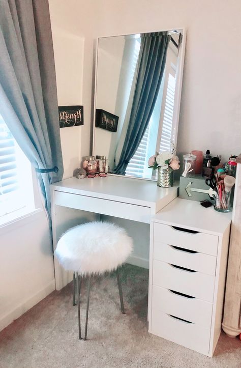 Ikea Micke Desk And Alex Drawers, Small Ikea Vanity Ideas, Ikea Micke Desk Vanity Ideas, Vanity With Stool, Stool For Desk, Teen Vanity Desk, Ikea Bedroom Ideas For Women, Mirror Desk Bedroom, Makeup Desk Ikea