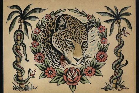 Panther Tattoo Traditional, Traditional Leopard, Americana Tattoo, Traditional Tattoo Flash Art, Leopard Tattoos, Panther Tattoo, Traditional Flash, Tattoo Flash Sheet, Tattoo Traditional