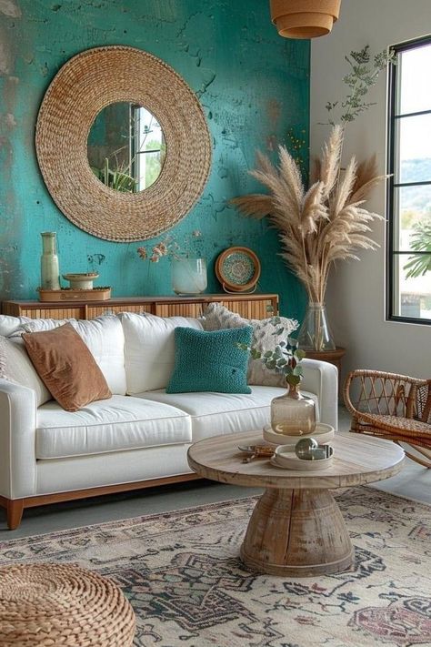 Boho Mid Century Modern Living Room, Teal Living Rooms, Boho Mid Century Modern, Beach Living Room, Beach House Living Room, Boho Chic Living Room, Boho Mid Century, Teal Walls, Mid Century Living Room