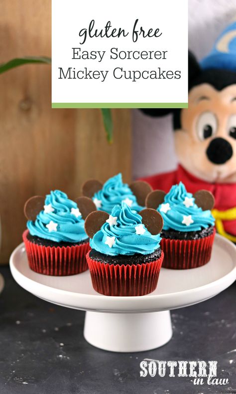 The Best Gluten Free Chocolate Cupcakes Recipe becomes Sorcerer Mickey with this super easy birthday cake idea! Boiling water is the secret to making soft, moist and fluffy gluten free cupcakes. Super simple these cupcakes use ingredients you already have in your pantry (and no butter or almond flour!) so you can whip them up in minutes. Inspired by Disneyland, every Disney fan or Mickey Mouse lover will adore these cute cupcakes! Gluten Free Cupcake Recipe, Easy Birthday Cake, Chocolate Cupcakes Recipe, Mickey Cupcakes, Gluten Free Chocolate Cupcakes, Disney Cupcakes, Sorcerer Mickey, Mickey Cakes, Disney Recipes