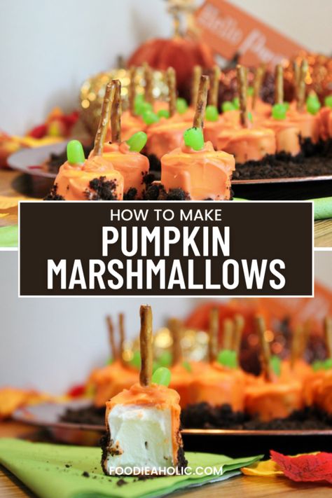 How To Make Pumpkin Marshmallows At Foodieaholic.com Halloween Marshmallows, Marshmallow Halloween, Chocolate Covered Marshmallow, Pumpkin Marshmallow, Giant Marshmallows, Oreo Dirt, Marshmallow Sticks, Chocolate Dipped Marshmallows, Flavored Marshmallows