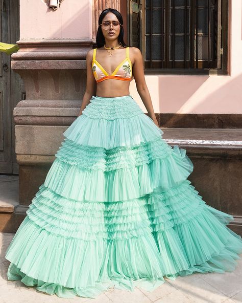 Punch Drunk Love, Tulle Lehenga, Drunk Love, Silk Bralette, Sharara Gharara, Bardot Style, Blue Tulle, Tier Skirt, Bride Bridal