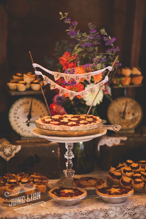 Barn wedding reception. Dessert table. Vintage scales. Mini fruit pies. Burlap just married pie topper. Barn wedding. Rustic wedding. Barn Wedding Food Ideas, Wedding Pie Table, Pie Dessert Table, Pie Bar Wedding, Labyrinth Wedding, Wedding Reception Dessert Table, Mini Fruit Pies, Wedding Pies, Wedding Core