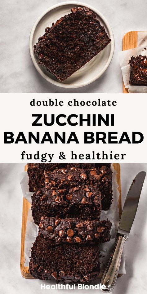 This super fudgy double chocolate zucchini bread recipe with banana is healthy, naturally sweetened with maple syrup, and made with both oat flour and whole wheat flour. It's an easy chocolate bread that's kid-friendly, nutritious, and tastes like a fudgy brownie! Zucchini And Banana Bread, Healthy Chocolate Banana Bread Recipe, Zucchini And Banana Recipes, Oat Flour Banana Bread Recipe, Chocolate Zucchini Bread Healthy, Banana Zuchini Baking Recipes, Zucchini Banana Recipes, Healthy Loaf Recipes, Oat Flour Zucchini Bread