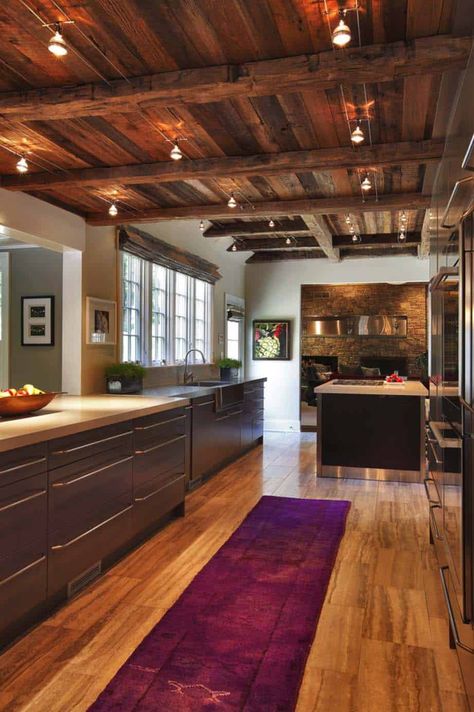 A Connecticut farmhouse with a spectacular rough-luxe aesthetic Rustic Ceiling Light Fixtures, Rustic Track Lighting, Modern Track Lighting, Rustic Ceiling Lights, Kitchen New York, Wooden Ceiling, Cabin Lighting, Attic Renovation, Ceiling Light Design