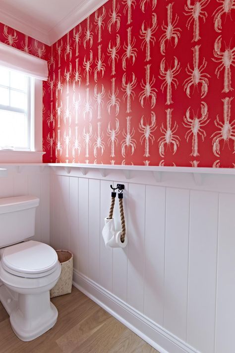 HGTV presents a lovely, coastal bathroom with a lobster print wallpaper in red and white. Coastal Bungalow, Cottage Wallpaper, Beach Bungalow, Red Cottage, Cottage Bathroom, Nautical Bathrooms, Coastal Bathrooms, Bathroom Red, Surf House