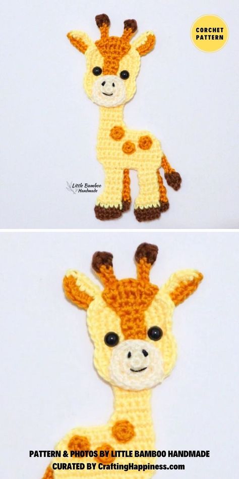 This collection of crochet animal appliques is perfect for baby blankets, pillows, and baby outfits curated by Crafting Happiness. Crochet Giraffe Applique, Crochet Animal Motifs, Giraffe Applique Pattern Free, Flat Crochet Animals, Crochet Giraffe Blanket, Giraffe Crochet Blanket, Crochet Animal Applique, Crochet Applique Patterns Free Animal, Free Crochet Applique Patterns