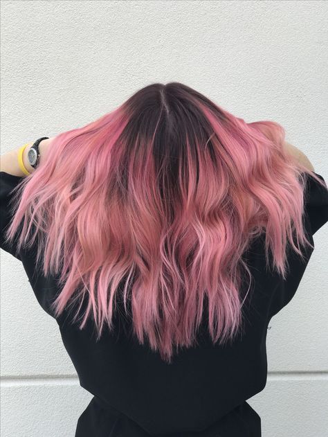 •oliviasavidge• Pink Hair With Roots Dark, Dark Roots Dyed Hair, Pink With Dark Roots, Dark Roots With Pink Hair, Dark Root Pink Hair, Shirt Pink Hair, Colored Hair With Dark Roots, Dark And Pink Hair, Pink Hair With Roots