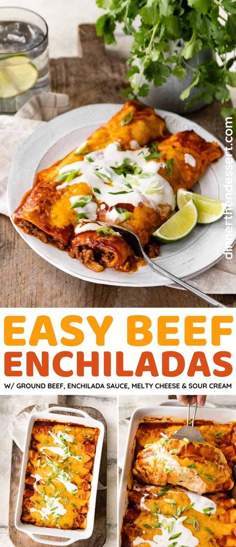 Beef Enchiladas are made with flavorful ground beef, warm tortillas, enchilada sauce, and melty cheese, all topped with sour cream and green onions. The perfect Mexican weeknight dinner! Easy Beef Enchiladas, Beef Enchilada Recipe, Ground Beef Enchiladas, Beef Enchilada, Mexican Side Dishes, Enchiladas Recipe, Mexican Dinner, Beef Enchiladas, Enchilada Recipes