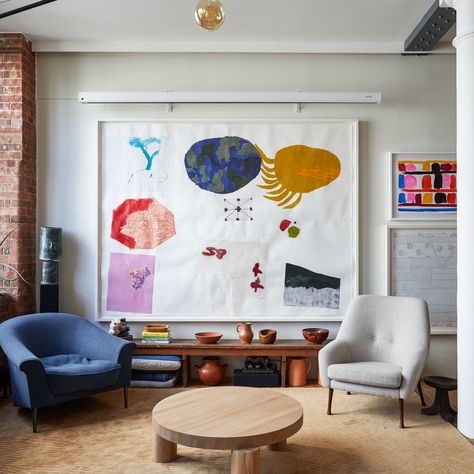 Art On The Wall, Russell Tovey, Warehouse Apartment, The World Of Interiors, Charlotte Perriand, Exposed Brick Walls, Mid Century Chair, Celebrity Houses, London Design