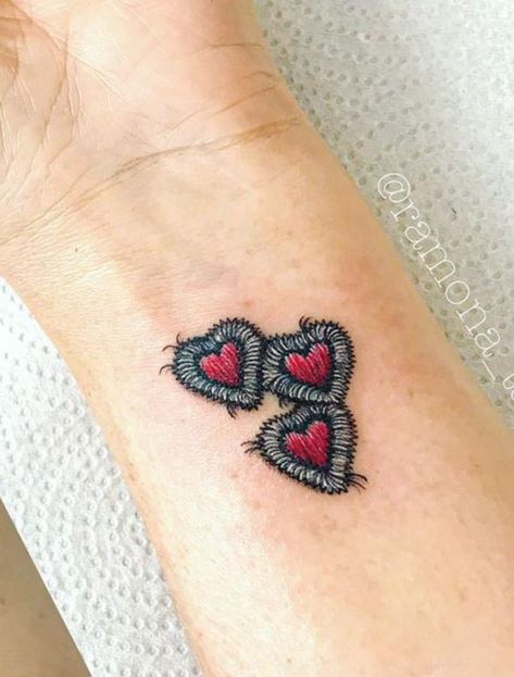 Patch Heart Tattoo, Tattoo That Looks Like A Patch, Embroidery Heart Tattoo, Embroidered Heart Tattoo, Heart Patch Tattoo, Embroidered Tattoo Ideas, Heart Patchwork Tattoo, Patch Style Tattoo, Patch Tattoo Ideas