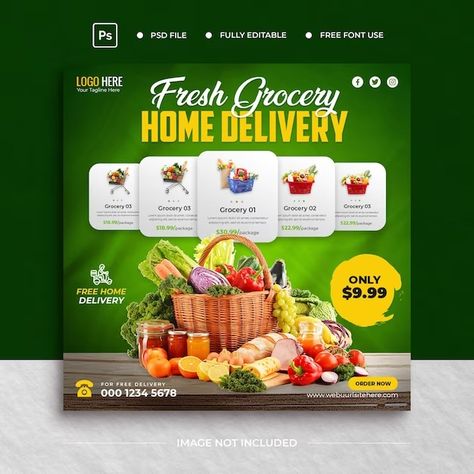 Premium PSD | Grocery sale social media post template Online Delivery Creative Ads, Grocery Design, Grocery Flyer, Store Flyers, Specialty Food Store, Illustrator Graphic Design, Adobe Illustrator Graphic Design, Social Media Post Template, Fresh Groceries