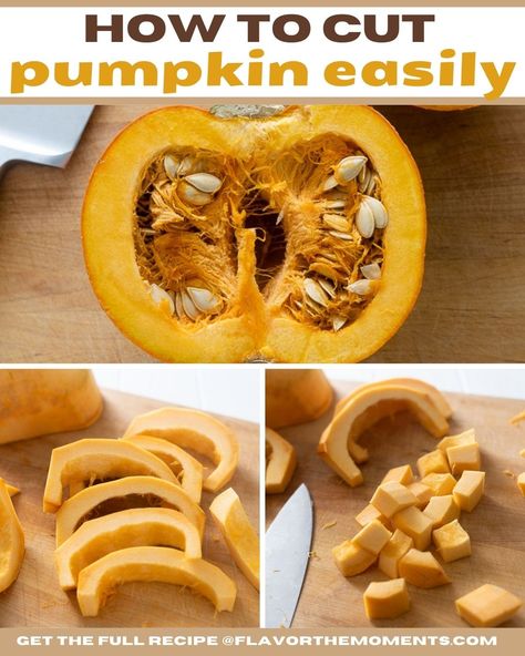 How to Cut Pumpkin is a handy guide to cut fresh pumpkin for your recipes! Includes how to cut pumpkin in half, remove the seeds, peel it and cut it into wedges or cubes! #pumpkin #diy #fall Thai Pumpkin Curry, Winter Squash Varieties, Red Kuri Squash, Cut Pumpkin, Roast Pumpkin Soup, Cut Butternut Squash, Pumpkin Diy, Pumpkin Mousse, Pumpkin Curry