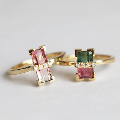 tourmalines.... Watermelon Tourmaline Engagement Ring, Pear Sapphire Ring, Contemporary Rings, Coloured Gemstones, Watermelon Tourmaline Ring, Baguette Engagement Ring, Unique Diamond Engagement Rings, Yellow Engagement Rings, Art Deco Diamond Rings