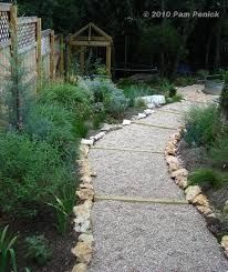 Hillside gravel and timber path-done! - Digging Crushed Limestone, Gravel Walkway, Landscaping On A Hill, Gravel Landscaping, Gravel Patio, Sloped Backyard, Gravel Path, Sloped Garden, Gravel Garden