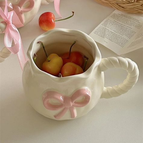 Irregular Handmade Relief Pink Bow Coffee Ceramic Cup Gift Water Cup Kawaii Cup Material: Ceramic update.24.07 Girly Ceramics, Hand Built Cups, Ceramic Art Mug, Cabinet Oven, Pretty Ceramics, Cups Aesthetic, Cup Shapes, Cute Ceramic Mug, Cute Tea Cups