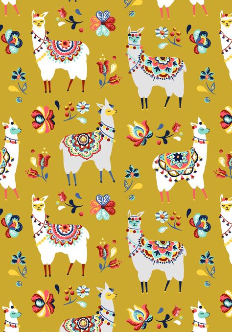 Greenhouse Drawing, Curry Yellow, Llama Decor, Mexican Fabric, Llama Llama, Llama Alpaca, Scandinavian Folk Art, Fabric Animals, Pattern Illustration