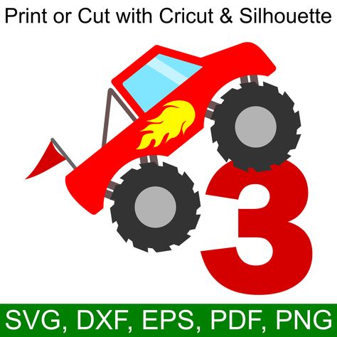 Monster Truck 3rd Birthday SVG File for Cricut & Silhouette Monster Truck Birthday Shirt, 6th Birthday Boys, 4th Birthday Boys, Third Birthday Invitations, Blaze Birthday, 5th Birthday Boys, 3rd Birthday Boys, 7th Birthday Party Ideas, Red Monster