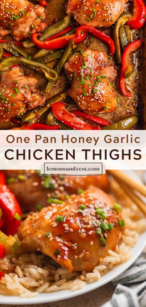 Simple, sticky sweet goodness in a simple and delicious chicken sheet pan dinner. This Honey Garlic Chicken Thigh Recipe is so easy to make, can be prepped in about 10 minutes, includes plenty of vegetables and with some minute rice, dinner will be ready in no time! Chicken Thigh Sheet Pan Dinner, Chicken Thigh Sheet Pan, Chicken Thigh Dinner, Easy Steak Dinner, Chicken Sheet Pan Dinner, Garlic Chicken Thighs, Chicken Thighs Dinner, Chicken Thigh Recipe, Chicken Sheet Pan