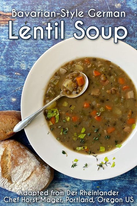 Overhead shot of a wide rimmed bowl filled with lentil soup, garnished with fresh thyme and celery leaves. Spoonful of soup resting on rim of bowl. Crusty bread on the side. Pin text reads: Bavarian-style German Lentil Soup, Adapted from Der Rheinlander, Chef Horst Mager, Portland, Oregon US Bavarian Lentil Soup, German Lentil Soup, Lentil Soup Crockpot, Soup With Vegetables, Vegan Butternut Squash Soup, Healthy Vegan Dinner Recipes, Soup Ideas, Lentil Soup Recipes, Instant Pot Soup Recipes