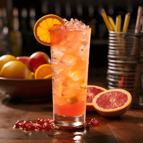 Texas Twister Cocktail Recipe - The Texas Twister is a sweet, fruity cocktail with a refreshing tang. The blend of orange, pineapple, and grapefruit juices gives it a tropical, citrusy flavor, while the vodka and rum add a subtle, warming kick. The cocktail is balanced, not too sweet nor too tart, making it a delightful sipper on a hot summer day. Twister Cocktail, Texas Twister Drink Recipe, Grapefruit Drink, Mandarin Juice, Pineapple Vodka, Fruity Cocktail, Fresh Fruit Juice, Fruity Cocktails, Peach Juice