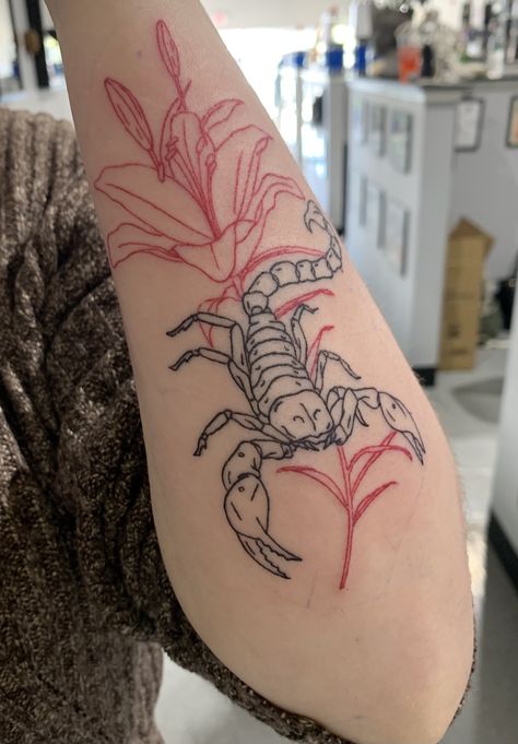 Red Tattoo Over Black, Red And Black Linework Tattoo, Black And Red Tatooes, Red And Black Scorpion Tattoo, Overlay Tattoo Red And Black, Black And Red Line Tattoo, Red Over Black Tattoo, All Red Tattoo Sleeve, Tattoo Ideas In Red