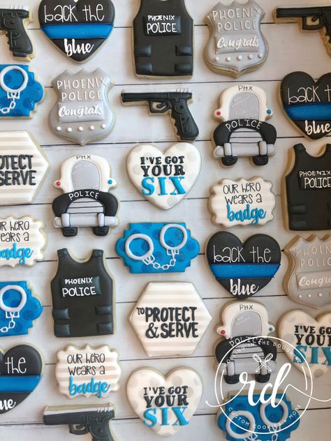 Police Cookies, Firefighter Cookie, Police Birthday Party, Police Graduation, Police Academy Graduation, Police Birthday, Themed Cookies, Back The Blue, Graduation Cookies