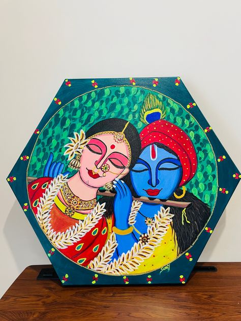 Radha krishna in a hexagon canvas board Hexagon Canvas Painting Ideas, Radha Krishna Canvas Painting, Hexagon Canvas, Canvas Drawing, Madhubani Painting, Painted Boards, Canvas Printing, Krishna Painting, Krishna Photos