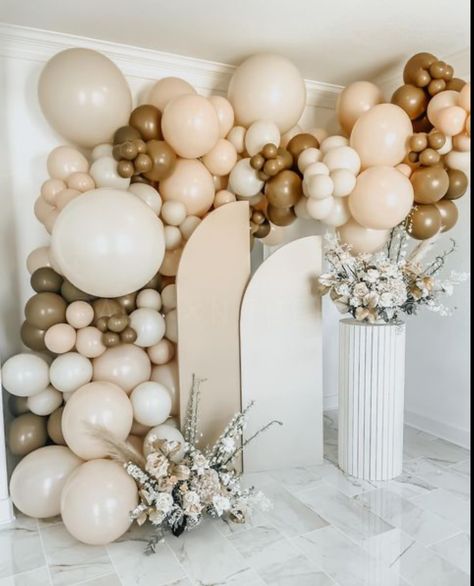 Balloon Decorations Neutral, Boho Themed 18th Birthday Party, Boho Prom Decorations, Beige Party Decorations, Neutral Graduation Party, Balloon Garland Neutral, Neutral Balloon Garland, Balloon Flower Decorations, 3rd Birthday Party For Girls