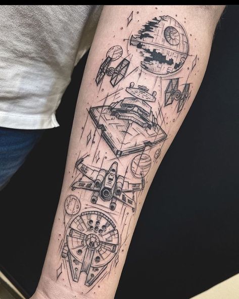 Men’s Star Wars Tattoo, At At Tattoo Star Wars, Mase Tattoos, Mini Star Wars Tattoos, Star Wars Chopper Tattoo, Starwars Couple Tattoos, Star Wars Chest Tattoo, Star Wars Arm Tattoo, Star Wars Back Tattoo