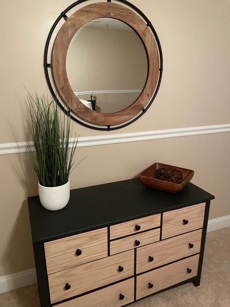 Vinyl Dresser Makeover, Black Dresser Wood Drawers, Black And Raw Wood Dresser, Wood And Black Furniture Bedrooms, Black And Natural Dresser, Black And Tan Dresser Makeover, 2 Tone Dressers, Wood Dresser Black Hardware, Black And Light Wood Dresser