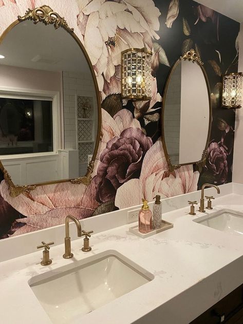 Peel And Stick Floral Wall Mural, Peel And Stick Wallpaper Bathroom Sink, Pink Water Closet, Parisian Entryway Foyers, Pink Gold Black Bathroom, Vintage Floral Bathroom Ideas, Floral Peel And Stick Wallpaper Bathroom, Rose Bathroom Ideas, One Wall Wallpaper Bathroom